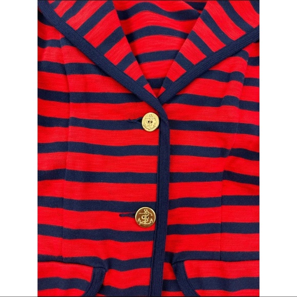 Cabi Women Sz S Red Navy Nautical Striped Knit Blazer Jacket Gold Anchor Buttons - Picture 6 of 10